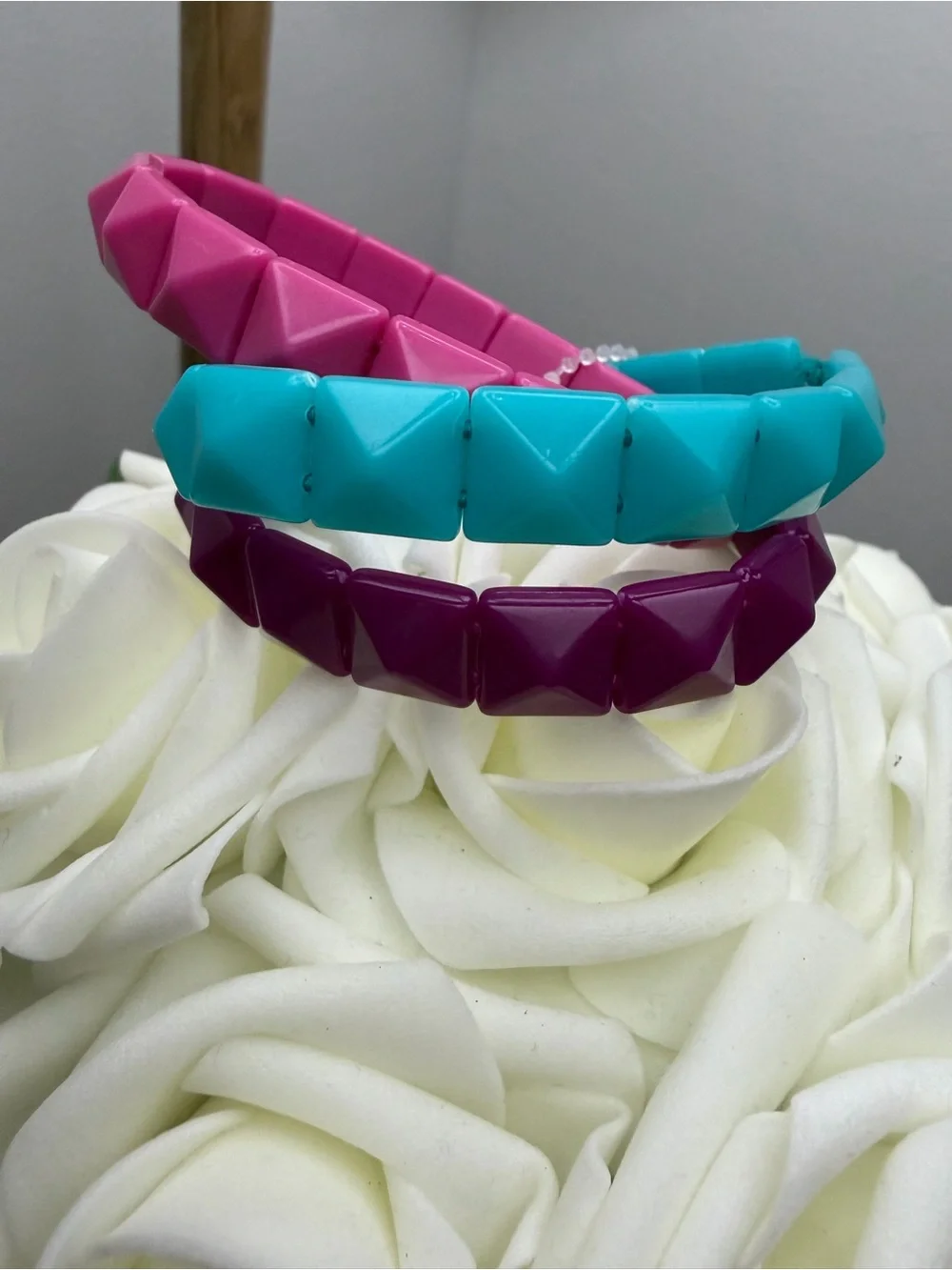 Tri-Color Pyramid Stretch Bracelets - Pink, Turquoise, Purple